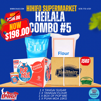 Heilala Combo 5 (1 x Tangai Sugar) (1 x Tangai Flour) (1 x Box of PopMie) (1 x Puha Moa 15kg) - "Pick up from Hihifo Supermarket in Fo'ui"