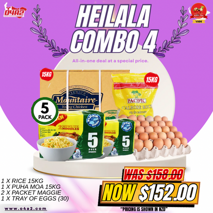Heilala Combo 4 (1 x Rice 15kg) (1 x Puha Moa 15kg) (2 x Packet Maggie) (1 x Tray of Eggs) - "Pick up from Golden Star in Vaini"