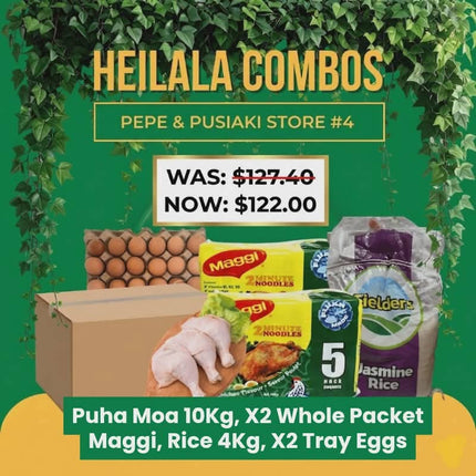 Heilala Combo 4 (1 x Puha Moa 10kg) (2 x Whole Packet Maggi) (1 x Jasmine Rice 4kg) (2 x Tray of Eggs) - "Pick up from Pepe & Pusiaki in 'Eua"