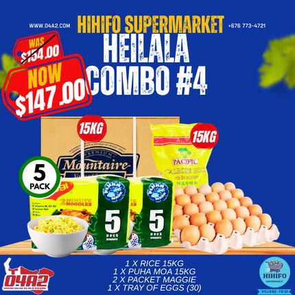 Heilala Combo 4 (1 x Rice 15kg) (1 x Puha Moa 15kg) (2 x Packet Maggie) (1 x Tray of Eggs)- "Pick up from Hihifo Supermarket in Fo'ui"