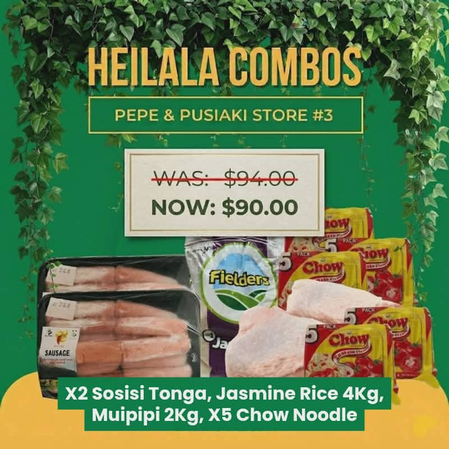 Heilala Combo 3 (2 x Sosisi Tonga) (1 x Jasmine Rice 4kg) (Muipipi 2kg) (5x Chow Noodles) (Chicken 5kg) - "Pick up from Pepe & Pusiaki in 'Eua"