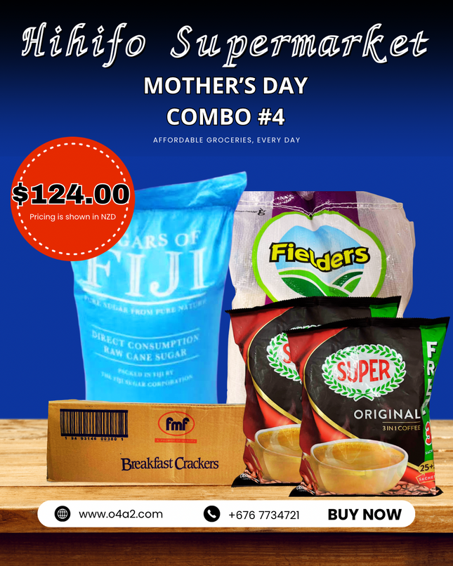 (2x Super Original Coffee) (1x Sack of Sugar) (1x Sack of Rice) (1x Puha FMF Cracker) - “PICK UP FROM HIHIFO SUPERMARKET, FO’UI”