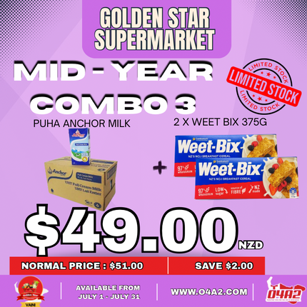 Mid-Year Combo 3 (Puha Anchor Milk + 2 Weet Bix 375g) - “PICK UP FROM GOLDEN STAR, VAINI”