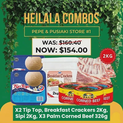 Heilala Combo 1 (2 x Tiptop) (1 x FMF Breakfast Crackers 2kg) (Sipi 2kg) (3 x Palm Corned Beef 326g) - "Pick up from Pepe & Pusiaki in 'Eua"