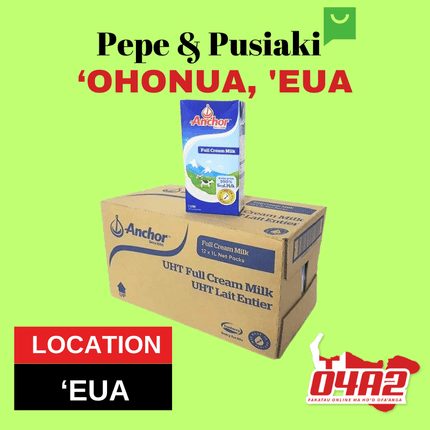 Anchor UHT Regular Milk 12 x 1ltr - "PICK UP FROM PEPE & PUSIAKI, 'OHONUA, 'EUA"