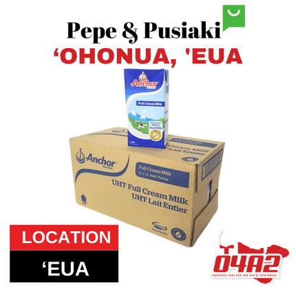 Anchor UHT Regular Milk 12 x 1ltr - "PICK UP FROM PEPE & PUSIAKI, 'OHONUA, 'EUA"