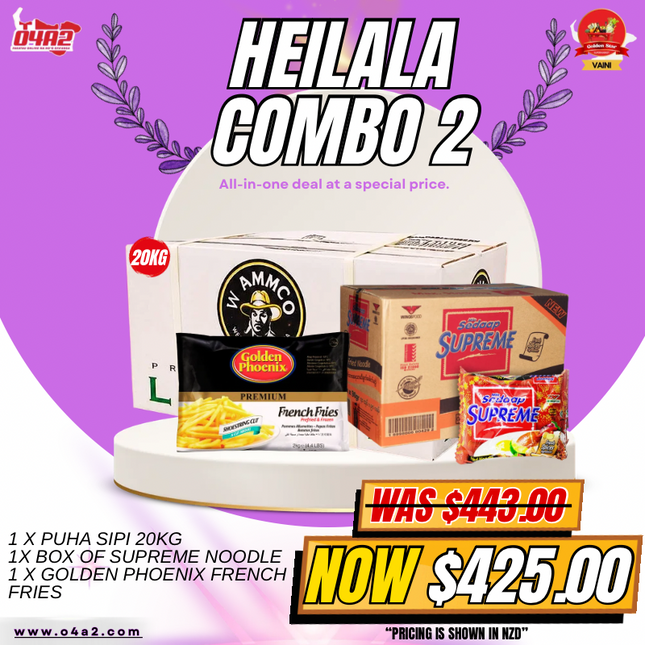 Heilala Combo 2 (1x French Fries)
(1 x Box of Supreme Noodles)
(1 x Puha Sipi 20kg) - "Pick up from Golden Star in Vaini"