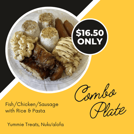 Combo Plate (Fish/Chicken/Sausage) with Rice and Pasta - "PICK UP FROM YUMMIE TREATS, NUKUALOFA"
