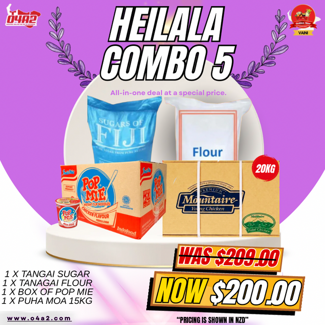 Heilala Combo 5 (1  x Tangai Sugar) (1 x Tangai Flour) (1 x Box of PopMie) (1 x Puha Moa 15kg) - "Pick up from Golden Star in Vaini"