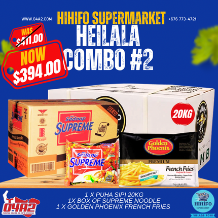 Heilala Combo 2 (1x French Fries)
(1 x Box of Supreme Noodles)
(1 x Puha Sipi 20kg) - "Pick up from Hihifo Supermarket in Fo'ui"