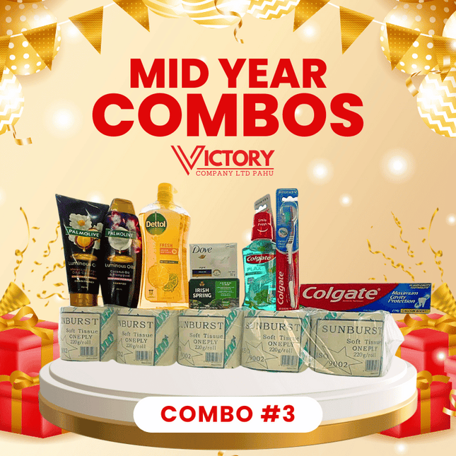 Mid Year Combo #3 - "1 x Pkt T/Paper 220g, 1 x Colgate Plax 250ml, 1 x Dove Soap 135g, 1 x Irish Spring 104.8g, 2 x T/Brush, 1 x Dettol 950g, 2 x Palmolive Shampoo 350ml" - "PICK UP FROM VICTORY SUPERMARKET & WHOLESALE, PAHU"