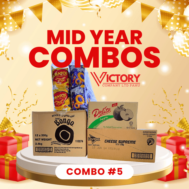 Mid Year Combo #5 - "1 x Pkt Corntos (10 inside), 1 x Pkt Super Ring (10 inside), 1 x Ctn Doritos Cheese 12x170g, 1 x Ctn Apple Drink 12x1L, 1 Ctn Bongo 12x200g" - "PICK UP FROM VICTORY SUPERMARKET & WHOLESALE, PAHU"