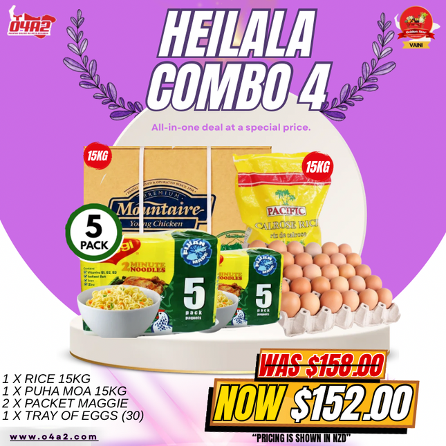 Heilala Combo 4 (1 x Rice 15kg) (1 x Puha Moa 15kg) (2 x Packet Maggie) (1 x Tray of Eggs) - "Pick up from Golden Star in Vaini"