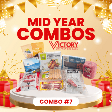 Mid Year Combo #7 - "1 x Saveloy, 1 x 2Kg Sausages, 1 x Bacon, 1 x Ham 5lb, 1 x Fish Fingers, 1 x Mussels, 1 x Shrimp, 1 x Crumbed Prawns, 1 x Vannamei Prawns" - "PICK UP FROM VICTORY SUPERMARKET & WHOLESALE, PAHU"