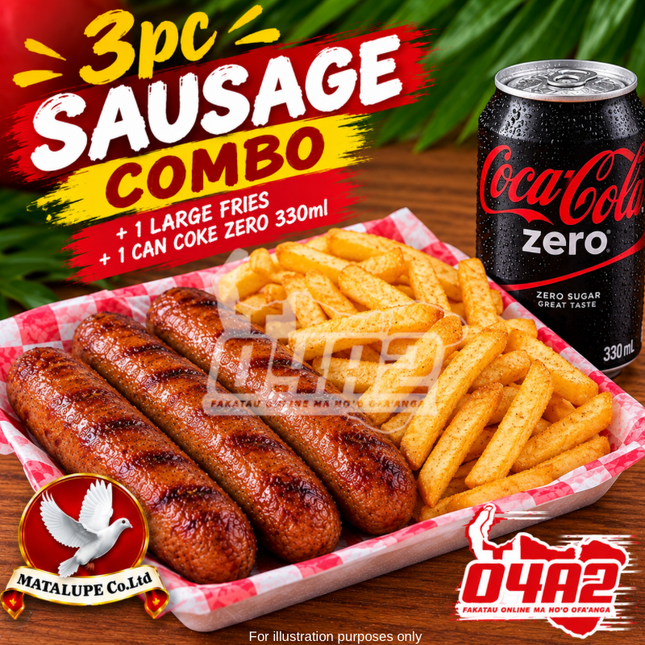 Sausage & Fries Combo (3pcs + 1x Larger Fries + 1x Can Coke Zero) - “PICK UP FROM MATALUPE COMPANY LTD MAILETAHA NUKUALOFA”