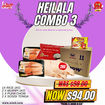 Heilala Combo 3 (1 x Rice 1kg) (2 x Muipipi 1kg) (1 x Puha Chow) (2 x Sosisi Tonga) - "Pick up from Golden Star in Vaini"