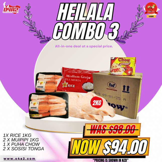 Heilala Combo 3 (1 x Rice 1kg) (2 x Muipipi 1kg) (1 x Puha Chow) (2 x Sosisi Tonga) - "Pick up from Golden Star in Vaini"