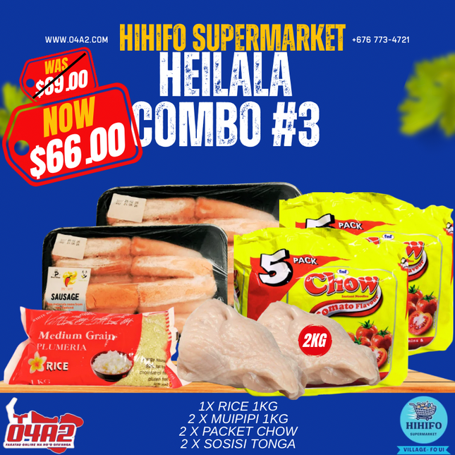 Heilala Combo 3 (1 x Rice 1kg) (2 x Muipipi 1kg) (2 x Packet Chow) (2 x Sosisi Tonga)- "Pick up from Hihifo Supermarket in Fo'ui"