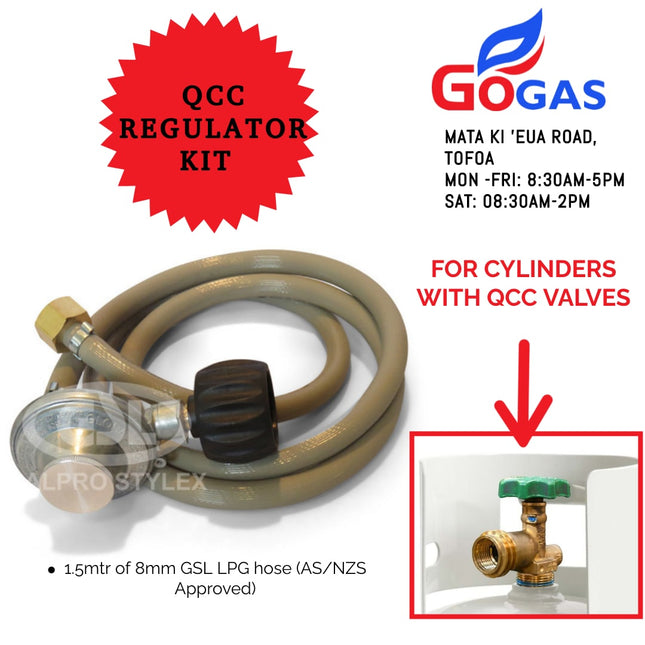 LPG QCC Regulator Kit 1 Metre Length Out of Stock - "PICK UP FROM GOGAS MATAKI'EAU ROAD, TOFOA ONLY"