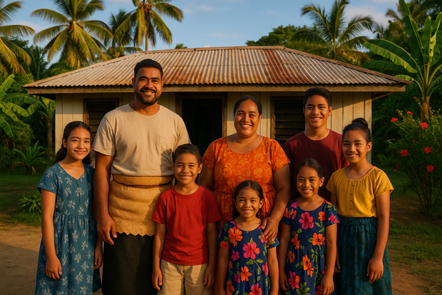 Need an image of a Tongan family in front of their simple home in Tonga