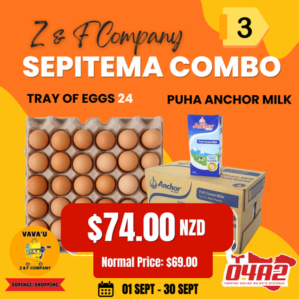 Sepitema Combo #3 (Tray of Eggs 24 + Puha Anchor Milk) - "PICK UP FROM Z&F HANGA KI POUONO, NEIAFU VAVA'U"