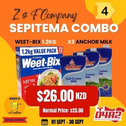 Sepitema Combo #4 (Weet-Bix 1.2kg + Anchor Milk X3) - "PICK UP FROM Z&F HANGA KI POUONO, NEIAFU VAVA'U"