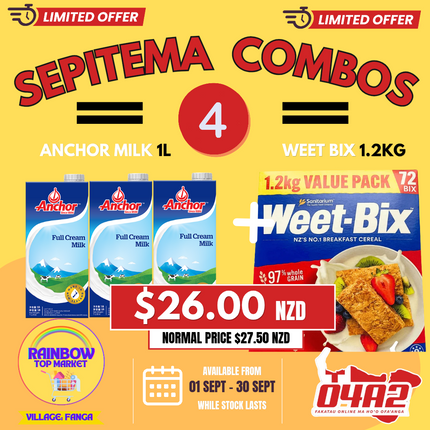 Sepitema Combo #4 (Weet-Bix 1.2Kg, X3 Anchor Milk) - "PICK UP FROM RAINBOW TOP MARKET IN FANGA"