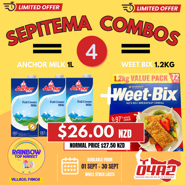Sepitema Combo #4 (Weet-Bix 1.2Kg, X3 Anchor Milk) - "PICK UP FROM RAINBOW TOP MARKET IN FANGA"