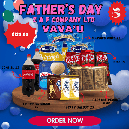 (X2 Coke 2L)(Tiptop 2L)
(Peanut Slab - Whole Packet)
(X3 KitKat Chocolates)(X3 Bluebird Chips)(X3 Gery Saluut Crackers) - “PICK UP FROM Z&F HANGA KI POUONO, NEIAFU VAVA'U"