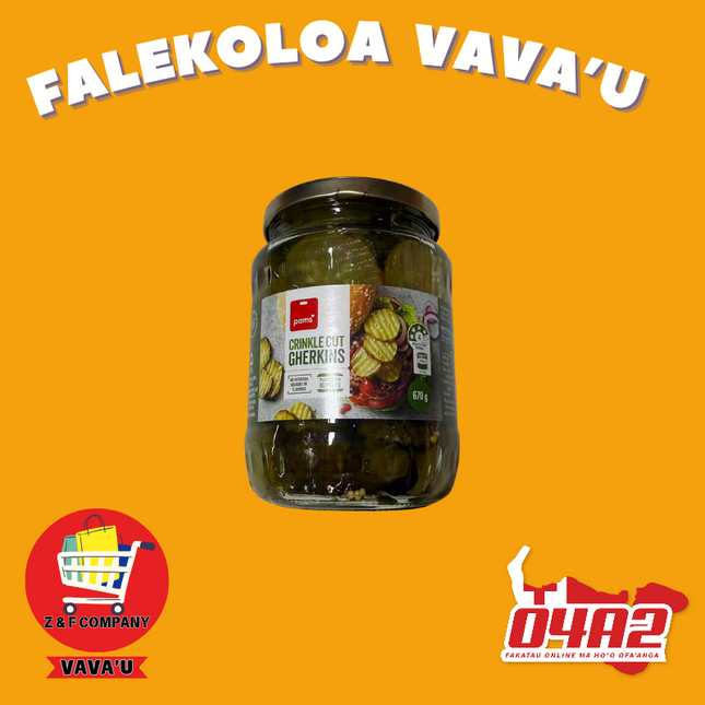 Crinkle Gherkins 670g - "PICK UP FROM Z&F HANGA KI POUONO, NEIAFU VAVA'U"